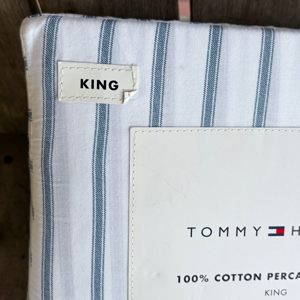 Tommy Hilfiger King Size BLUE STRIPE Cotton Percale Sheet Set GLEN COVE STRIPE - Picture 3 of 5